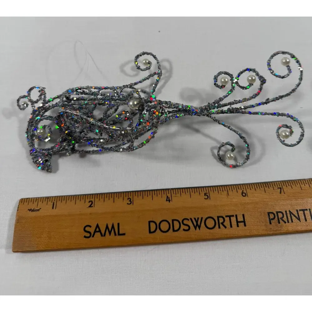 Lot of 4 Bird Christmas Ornaments Glitter Cardinal Jeweled Silver Nest